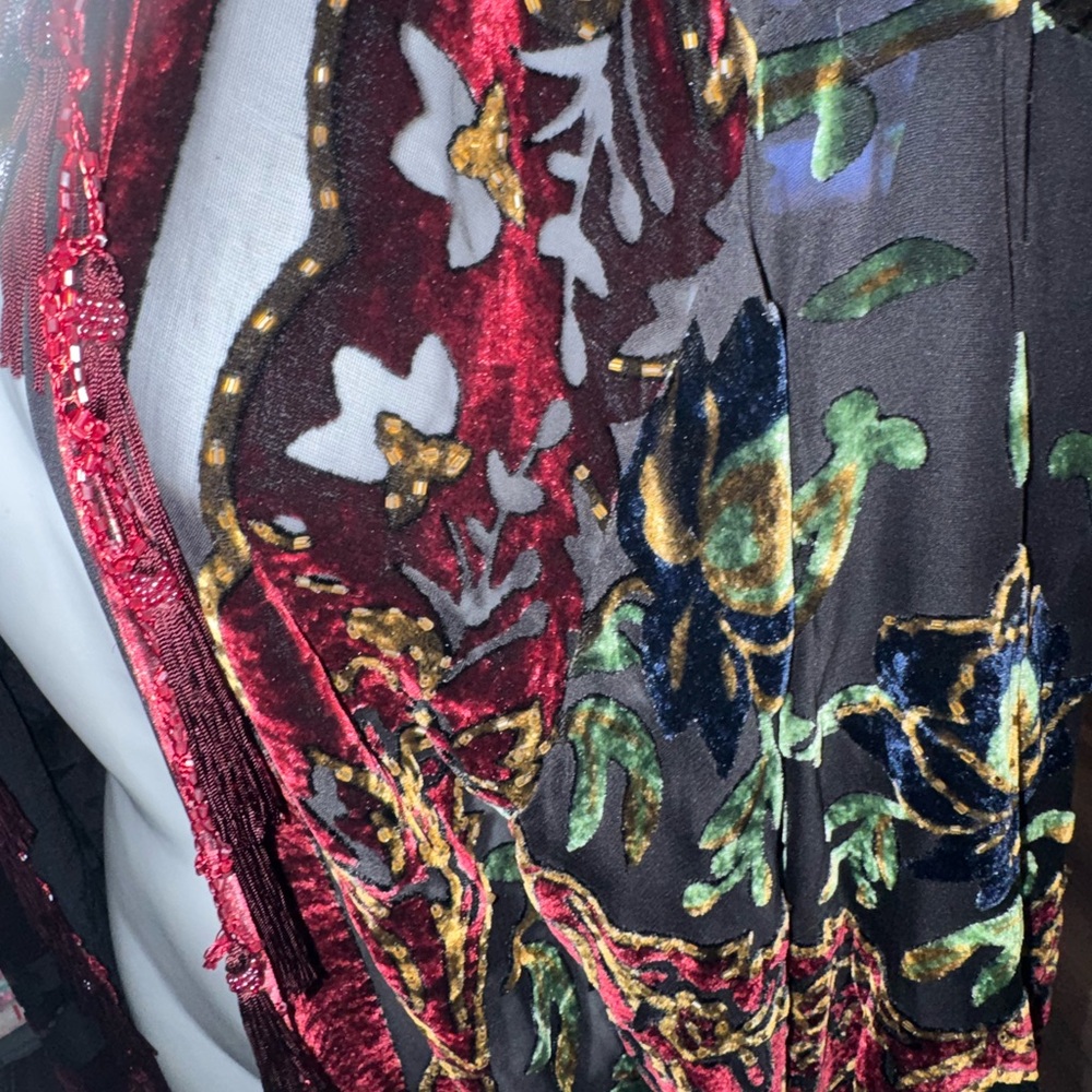 Y2K R&K Evening kimono silk velvet burn out with Sheer floral Green Brown Floral
